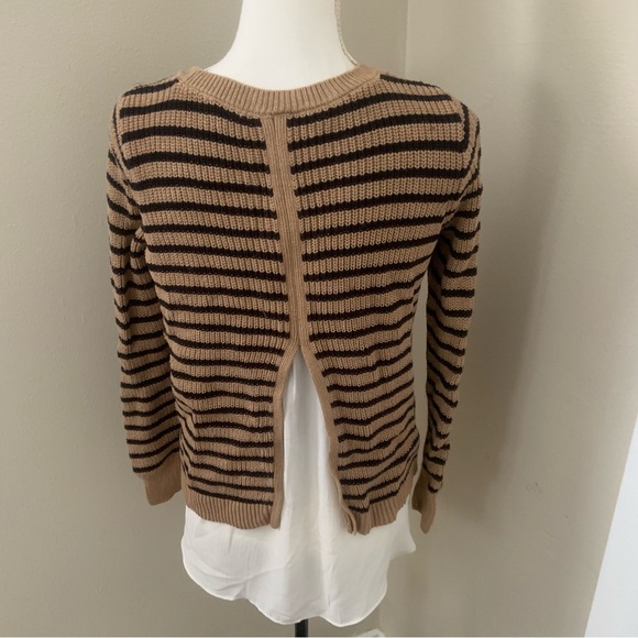 Loft Tan Black Stripe Chunky Knit Faux White Chiffon Layered Sweater Open Back S - Picture 7 of 8